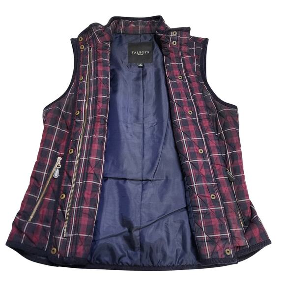 Talbots Womens Quilted Plaid Vest Size Small Petite Red Navy Full Zip Snap Front - Picture 6 of 12
